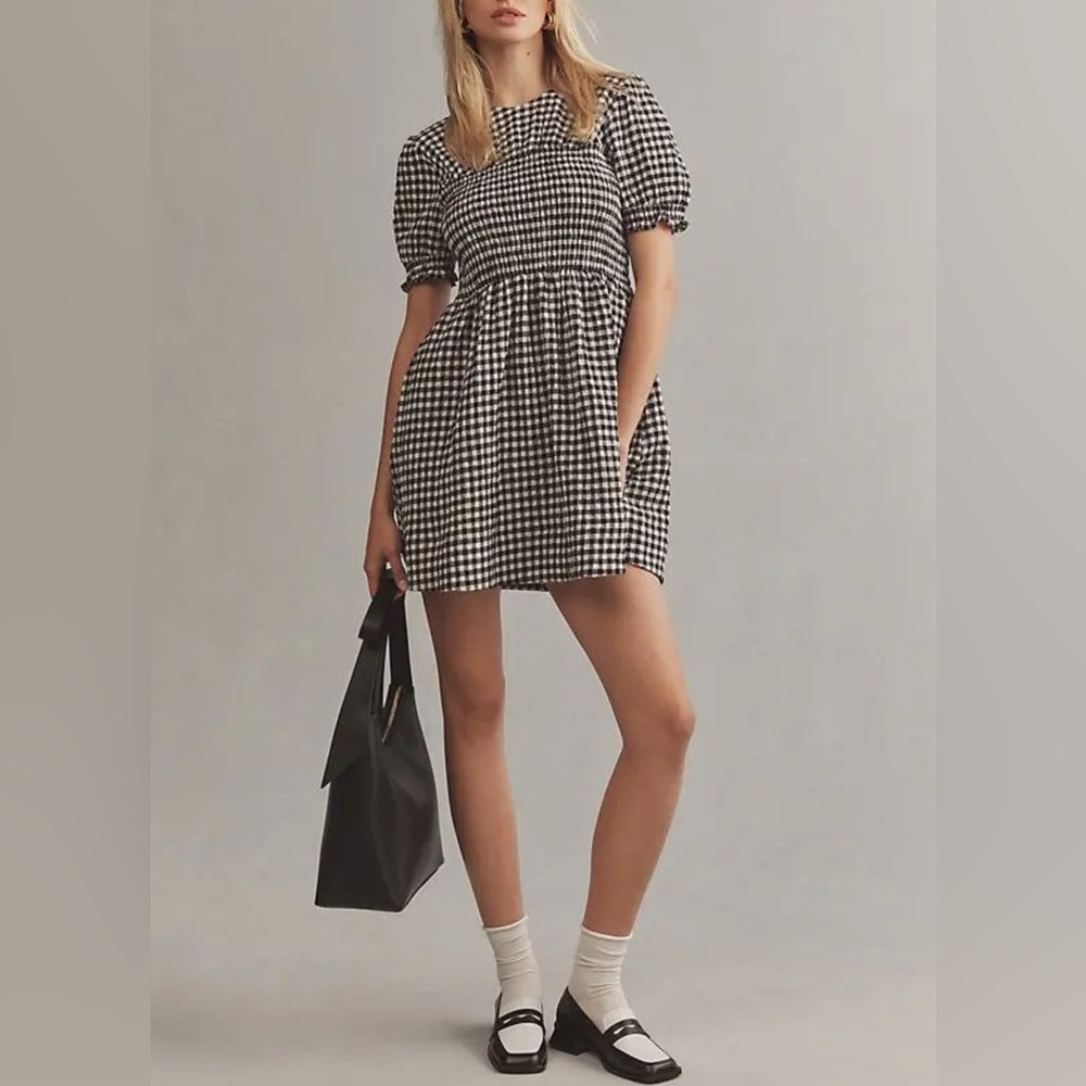 MAEVE Puff-Sleeve Babydoll Mini Dress ANTHROPOLOGIE Black Gingham Check XS